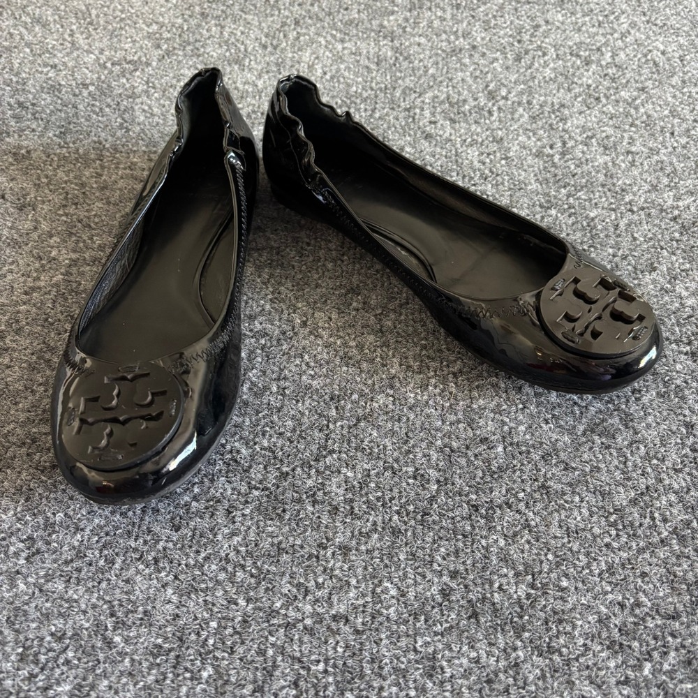 Tory Burch Minnie Travel Ballet Flats Black Patent Leather Logo Size 8